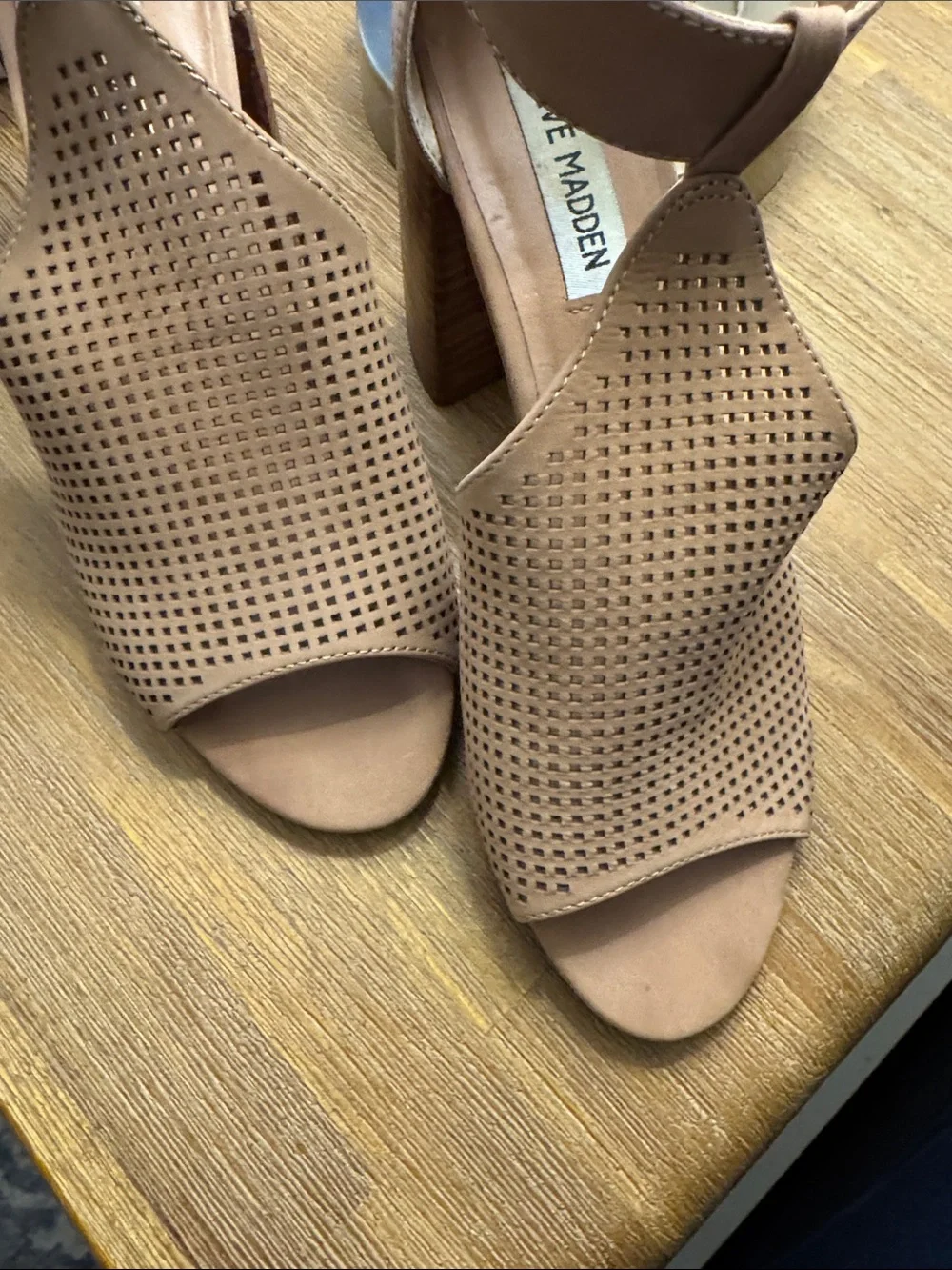 Steve Madden Tan Leather Perforated Ankle-Strap Block Heel Sandal